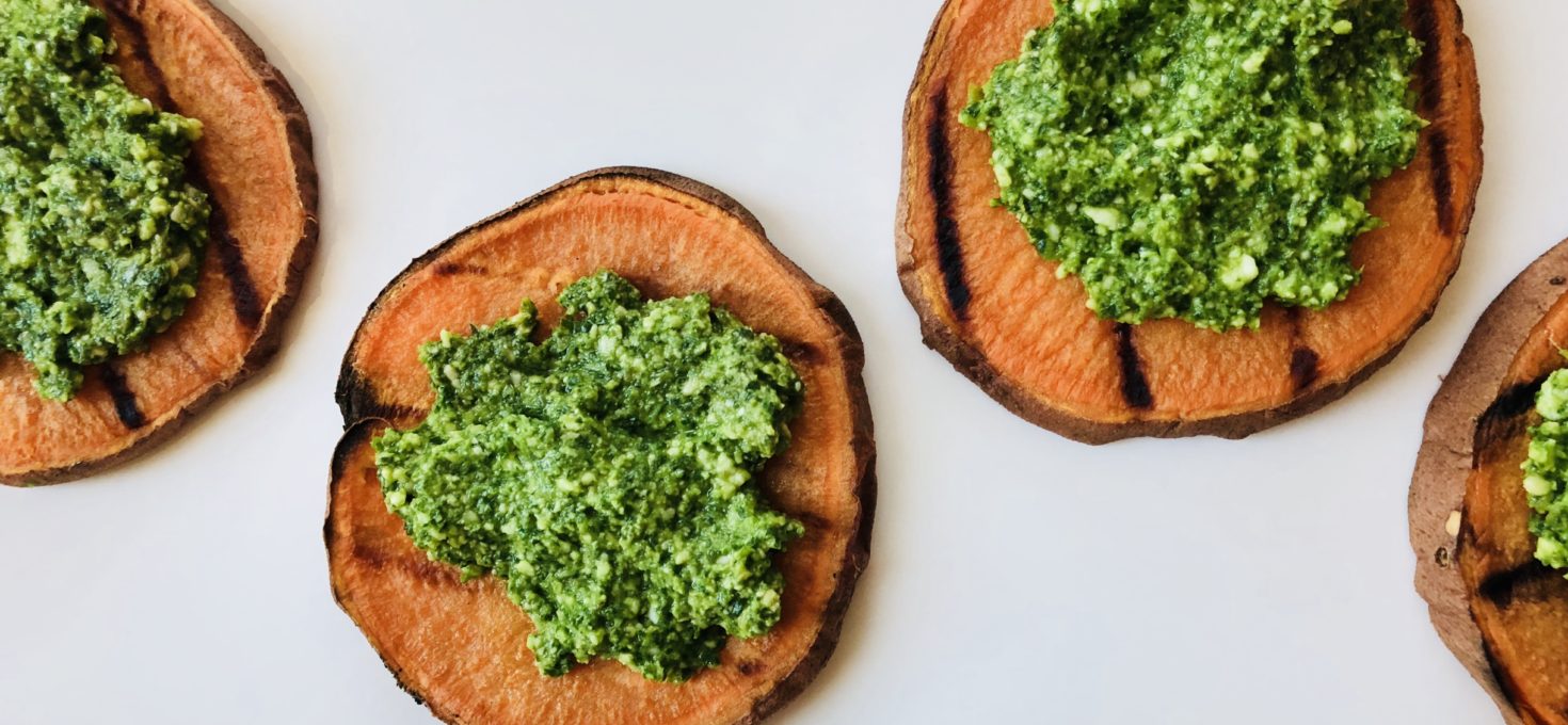 GRILLED SWEET POTATOES with MACADAMIA NUT PESTO