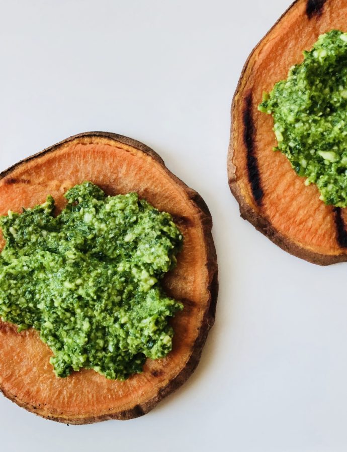 Grilled Sweet Potatoes with Macadamia Nut Pesto