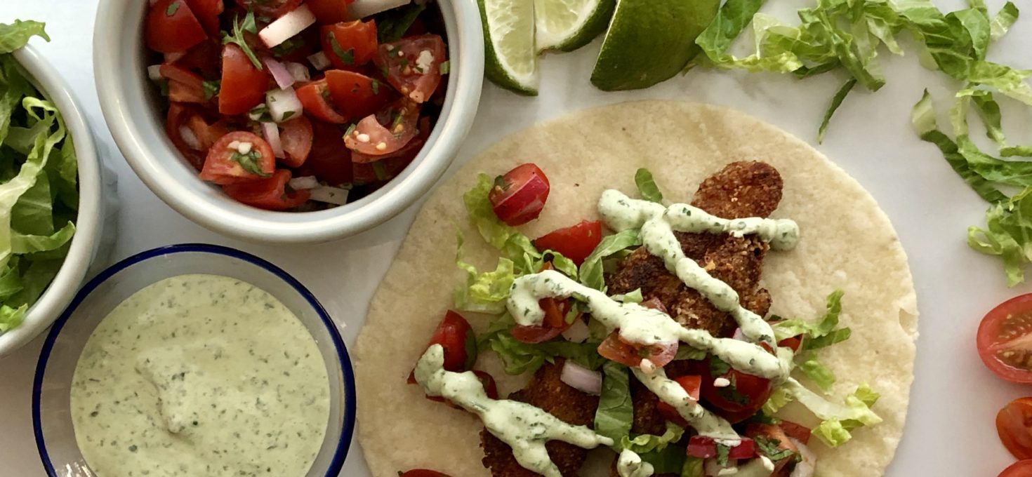 Fish Tacos with Cilantro Lime Sour Cream and Tomato Radish Pico