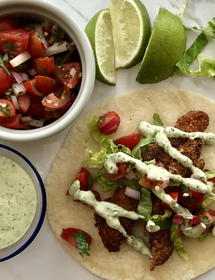 Fish Tacos with Cilantro Lime Sour Cream and Tomato Radish Pico