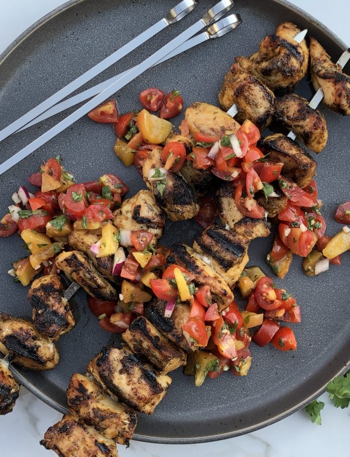 Blackened Chicken Skewers with Peachy Pico