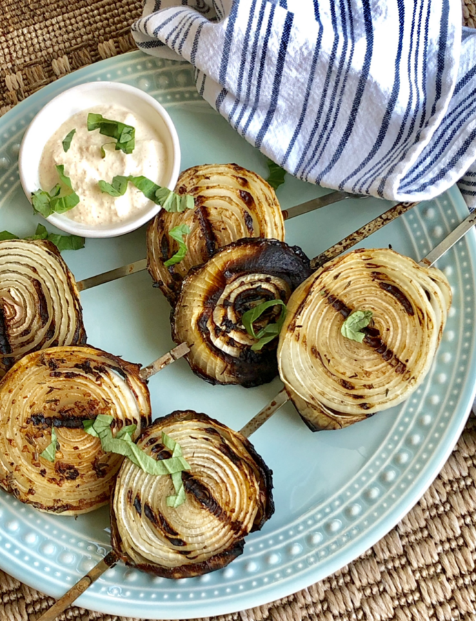 Marinated Onion Skewers with Creamy Horseradish Sauce