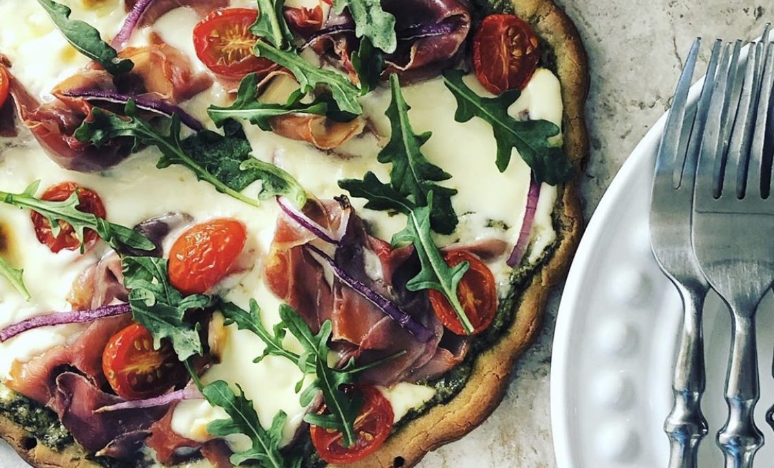 Pizza! Prosciutto, Pesto, and Veggies!