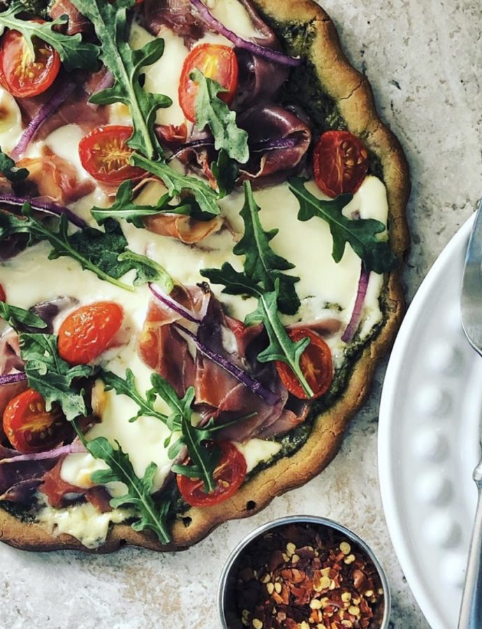 Pizza! Prosciutto, Pesto, and Veggies!