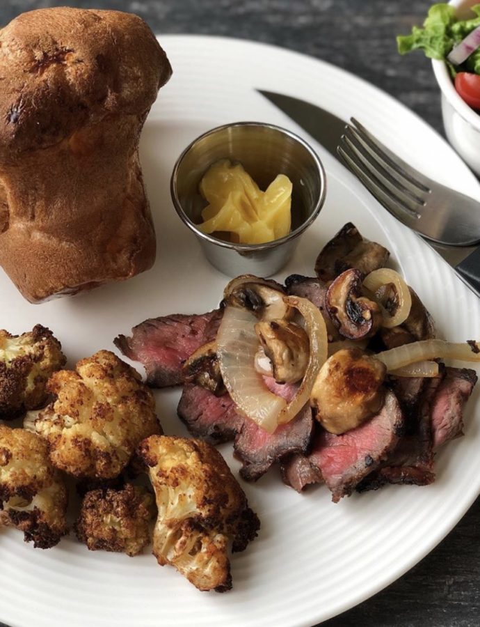 Marinated NY Strip with Popovers and Cauli