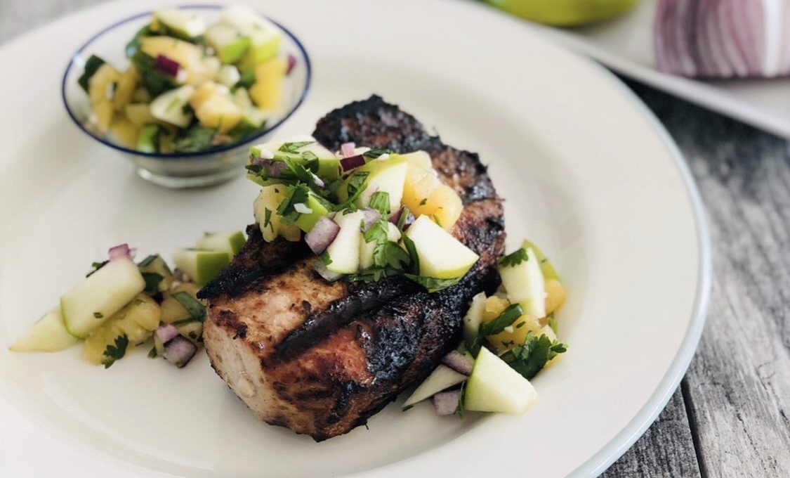 BLACKENED PORK CHOPS with GRANNY SMITH AND PINEAPPLE PICO
