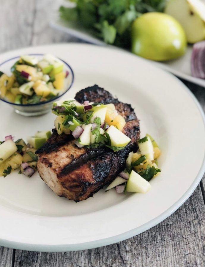 BLACKENED PORK CHOPS with GRANNY SMITH AND PINEAPPLE PICO
