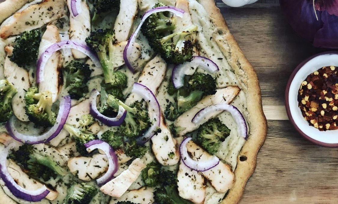 Chicken and Broccoli Pizza with Cashew Alfredo