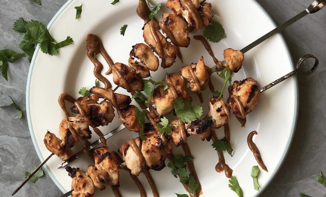 Marinated Chicken Skewers with Almond Butter Dipping Sauce