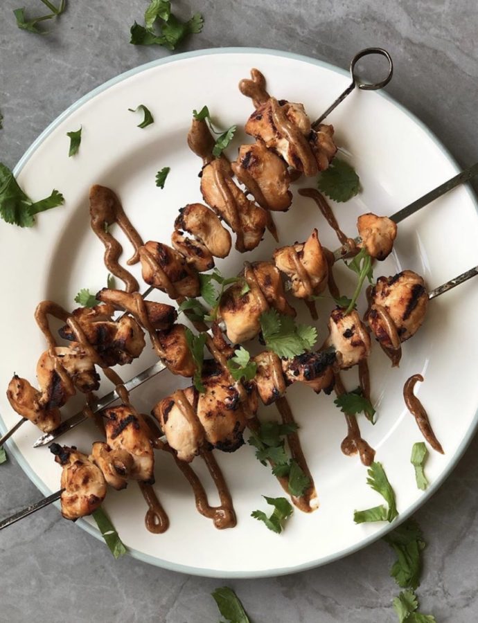 Marinated Chicken Skewers with Almond Butter Dipping Sauce
