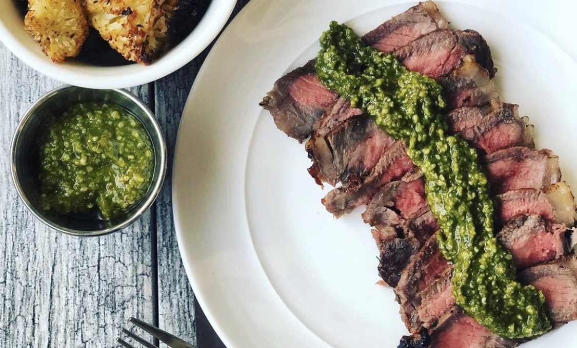 Grilled NY Strip with Walnut Arugula Pesto