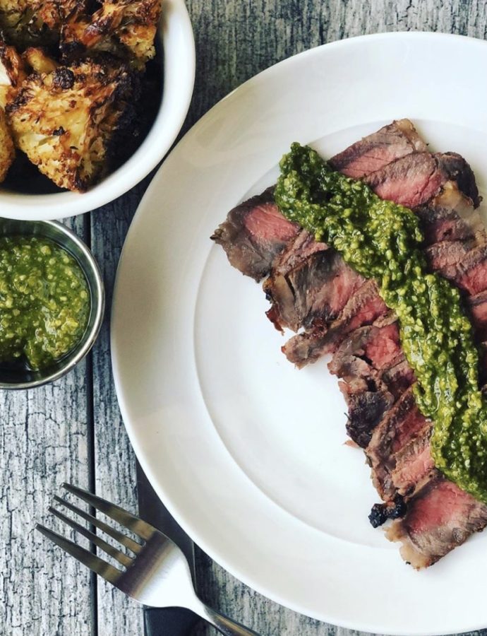 Grilled NY Strip with Walnut Arugula Pesto