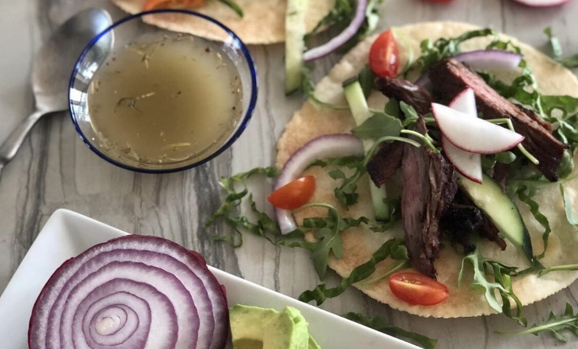 Skirt Steak Tostadas Drizzled with Red Wine Vinaigrette