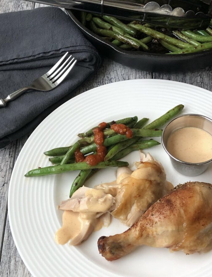 Slow Cooker Whole Chicken with Honey Mustard and Skillet Green Beans
