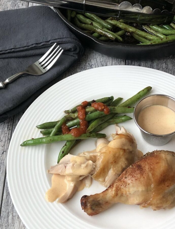 Slow Cooker Whole Chicken with Honey Mustard and Skillet Green Beans