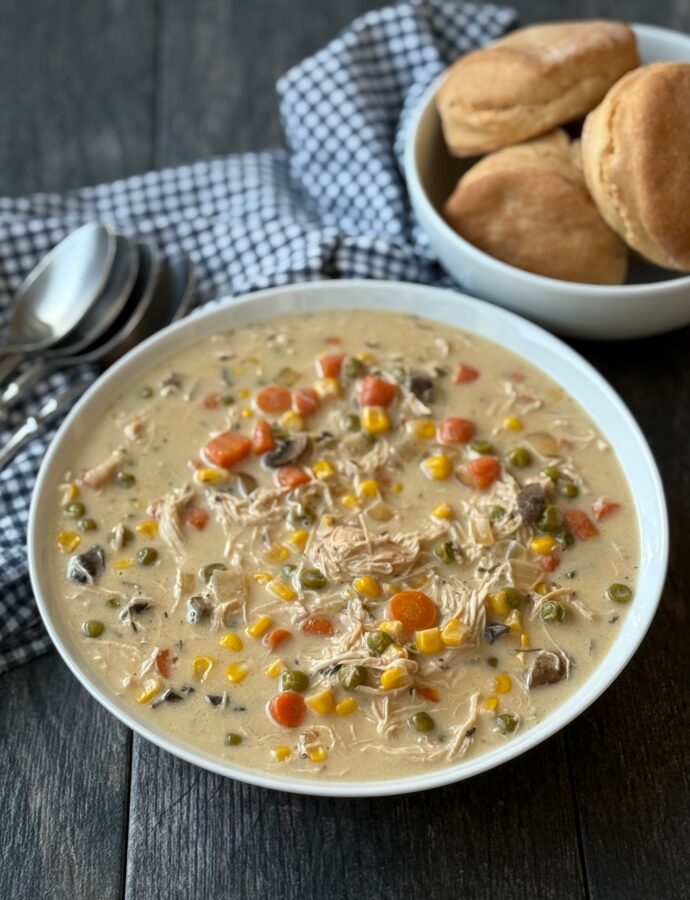 CHICKEN POT PIE SOUP with SOURDOUGH BUTTERMILK BISCUITS