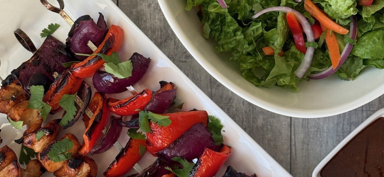 GRILLED CHICKEN SKEWERS with PEANUT DIPPING SAUCE & SALAD