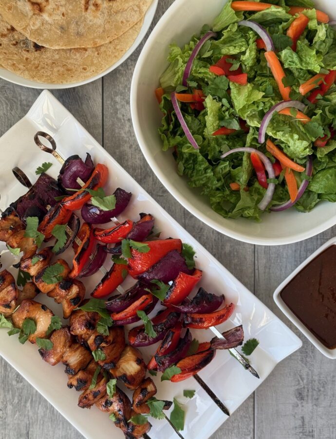 GRILLED CHICKEN SKEWERS with PEANUT DIPPING SAUCE & SALAD