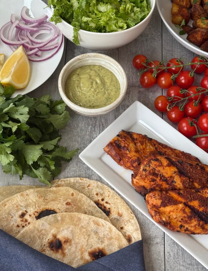 GRILLED CHICKEN SHAWARMA with CILANTRO TAHINI DRESSING